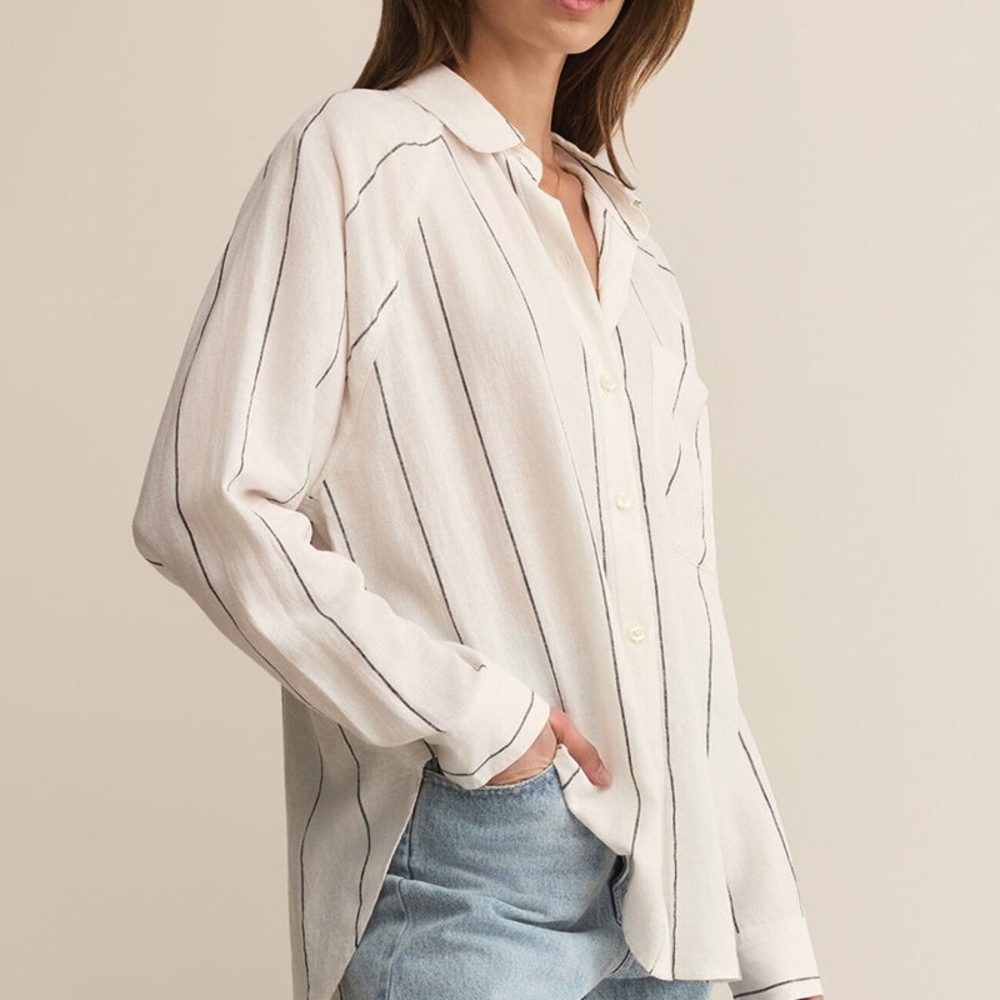 Z Supply Cream Button-Down with Black Vertical Stripes